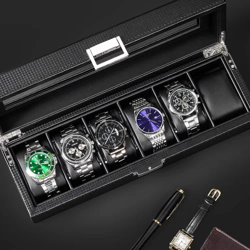 Vista 5 de BEWISHOME Caja de reloj para hombres Organizador de reloj con 6 ranuras, funda de reloj, diseño de fibra de carbono, parte superior de vidrio real