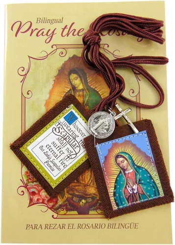 Vista 2 de Juego de regalo de libro de rosario tradicional de Escapulario Marrón Nuestra Señora de Guadalupe Incluye guía devocional, recuerdo religioso