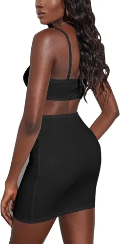 Vista 2 de VNVNE Mini vestido sexy recortado para mujer, sin espalda, tirantes delgados, lazo, club, bodycon