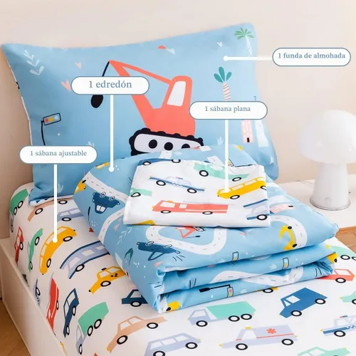 Vista 7 de PERFEMET Juego de cama de 4 piezas para niños pequeños con edredón de autos para niños, reversible, ligero, vehículos azules, juego de cama