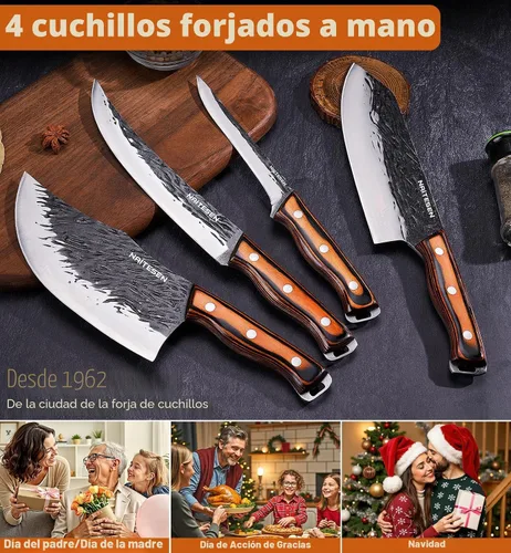 Vista 7 de Naitesen 4 piezas de cuchillo de carnicero forjado a mano y cuchillo de cocina 2 en 1, juego de cuchillo de chef serbio resistente para carne