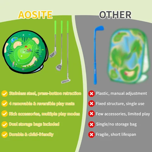 Vista 6 de AOSITE Juego de golf para niños pequeños, juego de golf 5 en 1 para niños con 3 palos de golf, tapete de puting, red de astillado de 4 lados