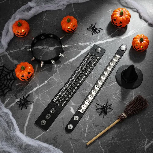 Vista 6 de TIESOME 6 pulseras punk, de cuero con clavos y tachuelas para mujeres y hombres, juego de pulseras de cadena vintage de los años 80, accesorios