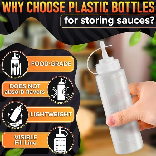 Vista 3 de Paquete de 3 botellas de plástico para condimentos de 8 onzas, botellas recargables para chorros con punta estrecha, resistentes a fugas, ideales