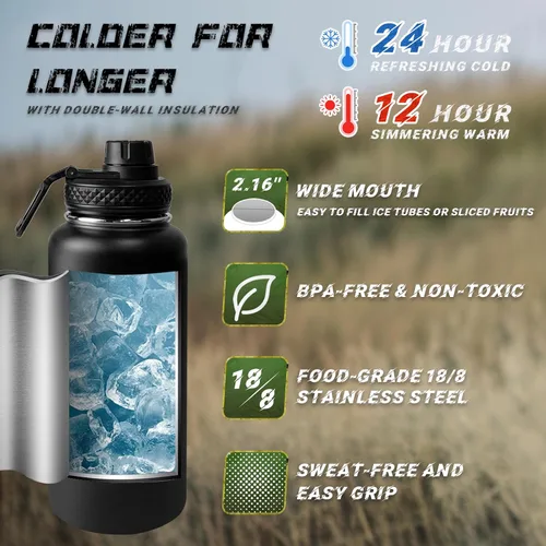 Vista 2 de Botella de agua aislada de 32 onzas, jarra de agua negra militar de acero inoxidable con manga, botellas de agua para gimnasio para hombres