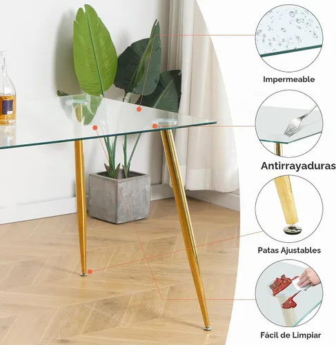 Vista 5 de Juego de mesa de comedor moderno de 51 pulgadas para 4 mesas rectangulares de cristal con 4 sillas tapizadas de cuero, asientos 4 ideales para Beige