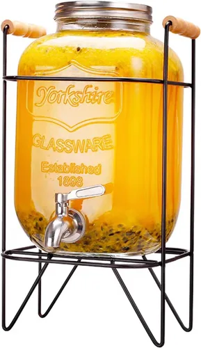 Vista 8 de Tfwadmx Dispensador de bebidas de 1 galón para fiestas, dispensador de bebidas con soporte de madera, dispensador de limonadas, jarra de té helado