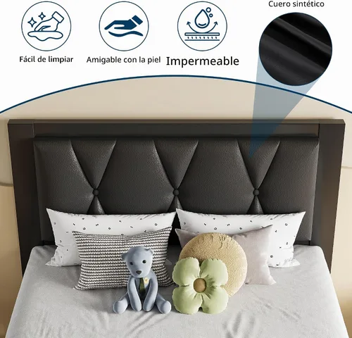 Vista 4 de GalnFu Marcos de Cama de Metal Twin, Marco de Cama de Plataforma Tapizado con Cabecera de Cuero Sintético con Botones Capitoné, No Se Necesita