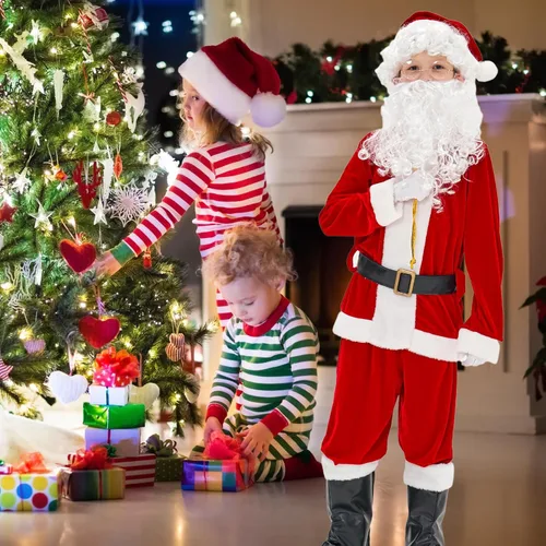 Vista 5 de Kofero Disfraz de Papá Noel para niños, 11 piezas, fiesta de Navidad, juego de cosplay para niños, traje de terciopelo rojo de lujo para niños