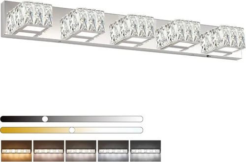 Vista 15 de Lámpara LED de baño – Moderna lámpara de tocador de cristal de 3 luces – Lámpara de pared cromada para baño 5CCT regulable