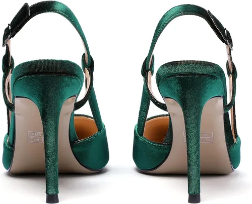 Vista 4 de WAYDERNS Zapatos de tacón alto con hebilla de punta sólida para mujer, correa de tobillo de charol de 3.5 pulgadas