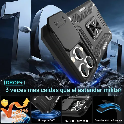 Vista 3 de DEERLAMN Funda para iPhone 16 Pro con cubierta deslizante para cámara + protector de pantalla (2 unidades), soporte de anillo giratorio de grado