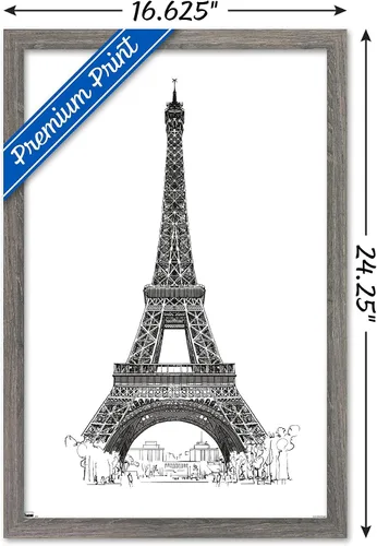 Vista 3 de Trends International Line Art - Póster de pared de la Torre Eiffel, 14.725 x 22.375 pulgadas, versión enmarcada de madera de granero