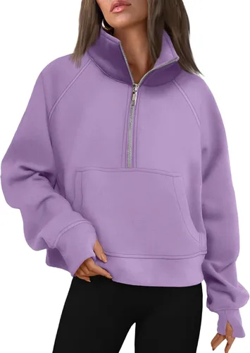 Vista 38 de AUTOMET Sudaderas con media cremallera para mujer, sudadera corta de vellón con cremallera de un cuarto, sudaderas con capucha para el otoño, a