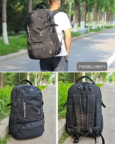 Vista 3 de Mochila de viaje grande de 80L para hombres y mujeres, mochila de senderismo ligera resistente al agua con compartimento para zapatos, Negro