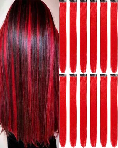 Vista 24 de 12 extensiones de cabello negro con clip, extensiones de cabello de color de 22 pulgadas, extensiones de cabello sintético largo y lacio para mujer