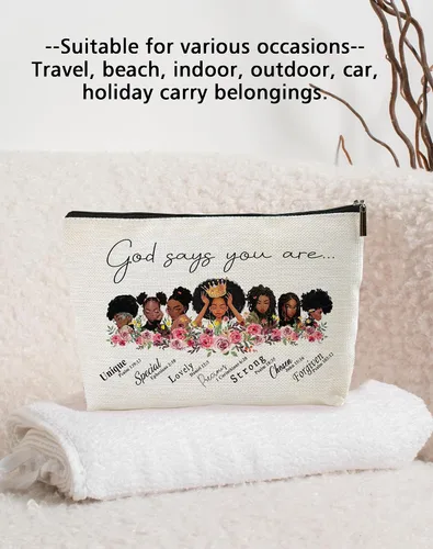 Vista 3 de LANBAIHE Bolsa de maquillaje cosmética especial afroamericana con texto en inglés "God Says You are One", regalo inspirador para amigas, hermanas