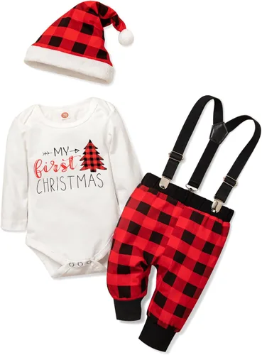 Vista 9 de Conjunto de 4 piezas de ropa de Navidad para bebé, niña y niño, mi primera Navidad, 0-18 meses