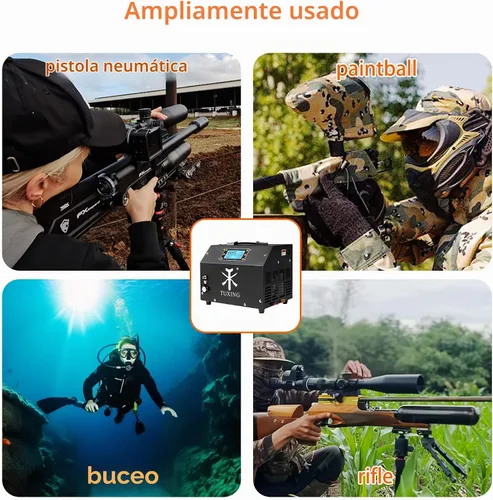 Vista 6 de TUXING Compresor de Aire PCP, Versión con Pantalla LCD, Parada Automática 4500Psi/30Mpa, Sin Aceite/Agua, Bomba con Transformador/Sistema de Drenaje