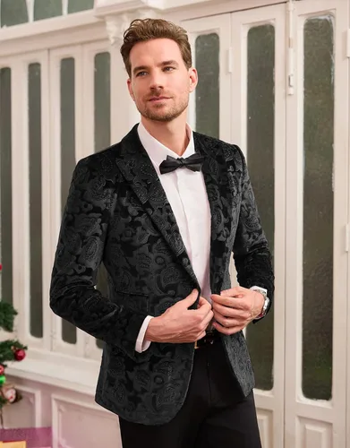 Vista 2 de GRACE KARIN Chaqueta de terciopelo para hombre, dos botones, ajustada, chaqueta deportiva para hombres, bailes, bodas, cenas, fiestas