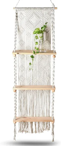 Vista 4 de Folkulture Estante de pared colgante de macramé de 3 niveles o estantes flotantes para decoración bohemia de habitación, estantes colgantes