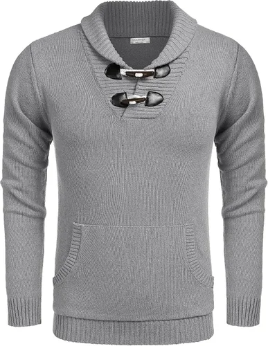 Vista 3 de COOFANDY Suéter con cuello de chal para hombre, ajuste relajado, casual, de algodón, tejido de punto trenzado con bolsillos