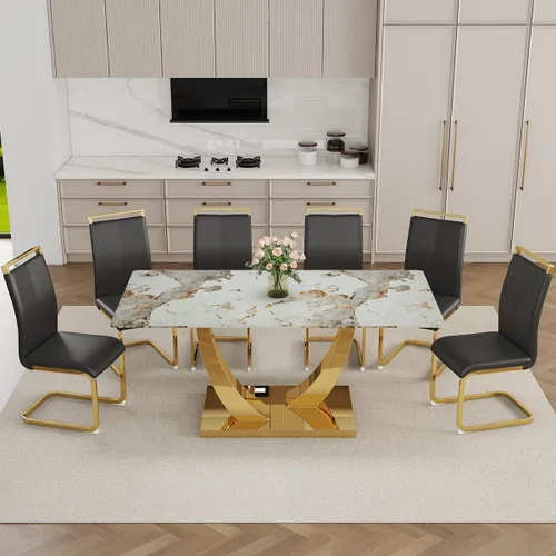 Vista 4 de Juego de mesa de comedor de mármol sintético para 6, mesas de comedor rectangulares para 6, mesa de cocina dorada y 6 sillas de piel sintética