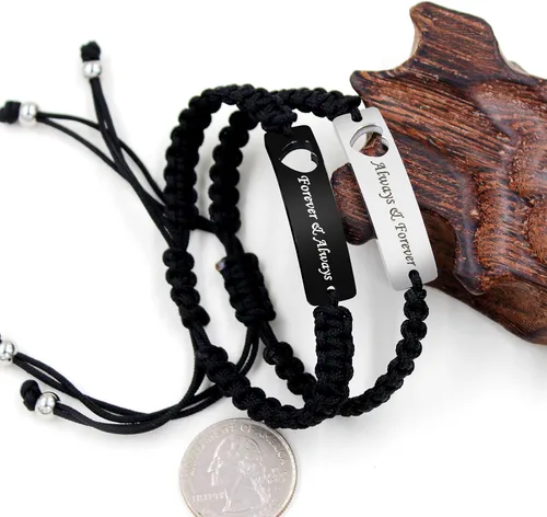 Vista 9 de Pulsera de pareja para hombres y mujeres, de acero inoxidable blanco y negro, grabada, joyería de amor para esposa, marido, 2 pulseras tejidas a