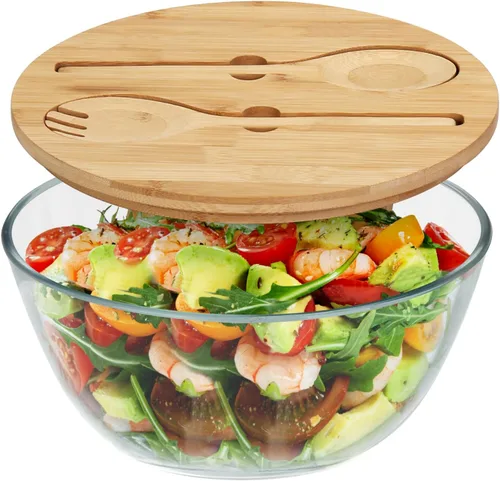 Vista 10 de ShineMe Juego de Ensaladera Negra, Ensaladera Grande de Fibra de Bambú de 9.8 pulgadas con Tapa y Utensilios (Cuchara y Tenedor), Tazón Sólido