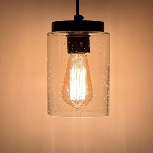 Vista 4 de Mini lámpara colgante industrial moderna de vidrio con semillas de burbujas, cilindro de iluminación colgante de cable ajustable para isla