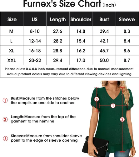 Vista 6 de Furnex Blusas de manga corta con cuello en V para mujer, diseño de pétalos de doble capa, túnica de gasa