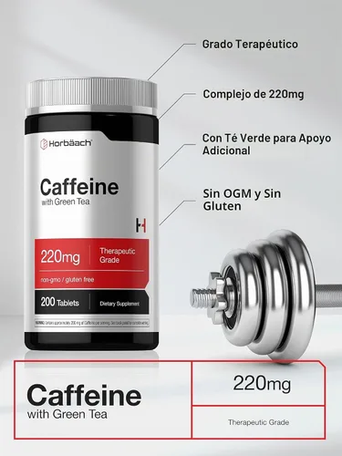 Vista 4 de Horbäach Píldoras de cafeína de 200 mg con té verde 200 tabletas Vegetarianas, sin OMG y sin gluten