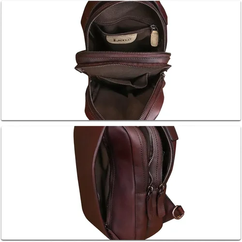 Vista 7 de LRTO Bolso de cuero genuino para hombres y mujeres, mochila bandolera de cuero real para el pecho, bolso cruzado, Café, Mochilas Sling