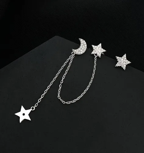 Vista 4 de SLUYNZ - Aretes de plata esterlina 925 para mujer, asimétricos, aretes de estrella y luna, cadena con dije