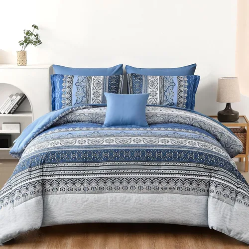 Vista 36 de Cottolester - Juego de edredón bohemio de tamaño matrimonial, 8 piezas, ropa de cama de microfibra suave en una bolsa, rayada y de color aguamarina