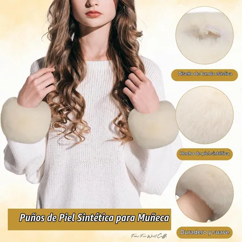Vista 4 de SATINIOR Puños de muñeca de piel sintética cortos para mujer Beige