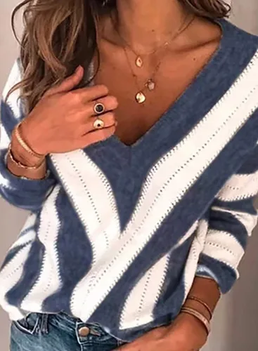 Vista 2 de Necooer Suéter casual de manga larga con cuello redondo y bloques de color para mujer
