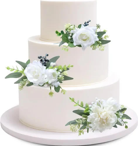 Vista 6 de Marriwise 3 piezas de flores prefabricadas, decoración de pastel de boda rosa baya, decoración de flores artificiales para boda, ceremonia
