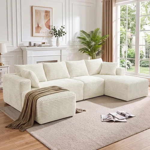 Vista 18 de Sofá modular en forma de L para sala de estar, sofá modular sin huesos con diván, sofá de pana con asiento profundo, no requiere montaje, negro