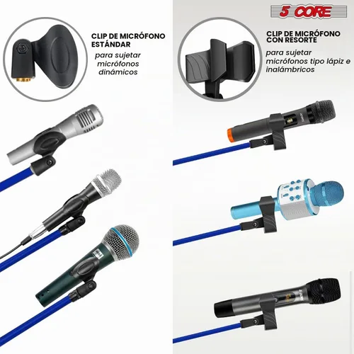 Vista 5 de 5 Core Soporte de micrófono para piso, trípode, brazo de brazo, altura ajustable, con clips de micrófono, adaptador de 3/8 a 5/8 pulgadas para Azul