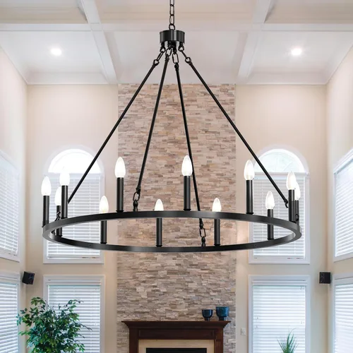 Vista 10 de Candelabro de iluminación de rueda de carro, 6 luces con pantalla de vidrio semillado, lámpara redonda de madera para cocina, isla de vestíbulo