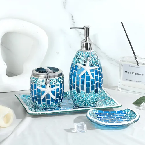 Vista 2 de Joeyan Juego de accesorios de baño de vidrio azul hecho a mano, juego de baño decorativo de mosaico, incluye dispensador de jabón, soporte