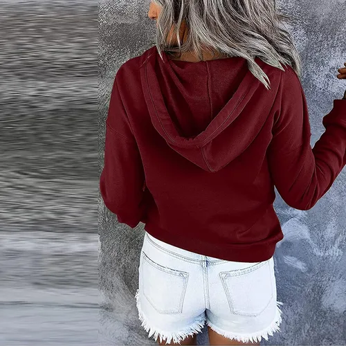 Vista 93 de Sudaderas con capucha para mujer, con cuello de botón, sin botones, con cordón, manga larga, lindas, ropa para adolescentes y niñas