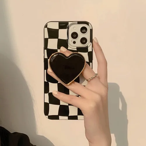 Vista 6 de Funda de teléfono con soporte a cuadros negros con diseño de patrón antideslizante, marco de gel de sílice suave para iPhone 7/8