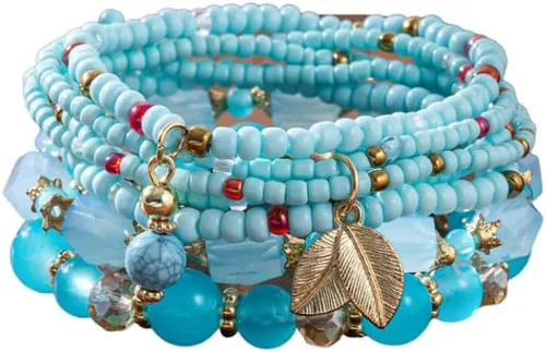 Vista 23 de 4 piezas de juego de pulseras bohemias apilables de múltiples capas con cuentas de cristal coloridas, pulseras elásticas con cuentas de oro Verde