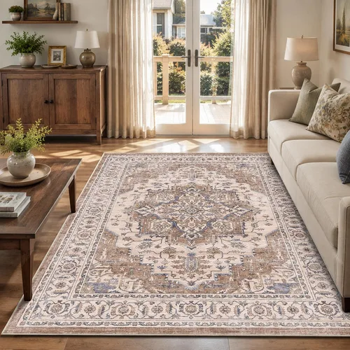 Vista 62 de Alfombra de pasillo vintage de 2 x 6 pies de pelo bajo Marrón beige
