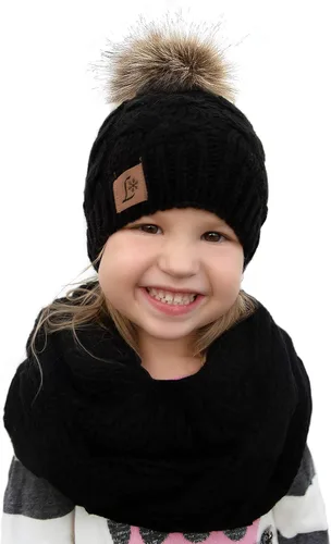 Vista 7 de Gorro de invierno para niños pequeños, con pompones, bufanda infinita, forro polar cálido para bebés y niñas