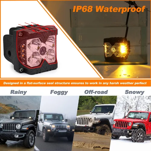 Vista 4 de MOVOTOR Side Shooter LED Pods Amber Luces de conducción estroboscópicas para camión, 4 x 4, ATV IP68 Waterproof,Solid & Strobe Amber,6500K White