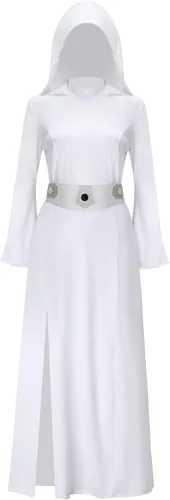Vista 6 de MORROWIND Disfraz de mujer con capucha blanca, vestido largo con cinturón, traje de fiesta de cosplay de Halloween