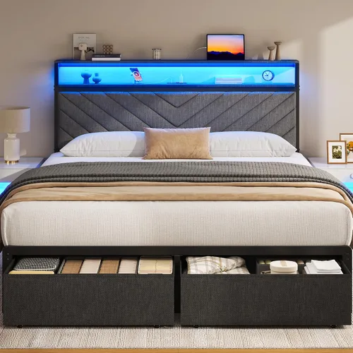 Vista 6 de Fluest Base de cama Queen con 2 cajones, cabecera tapizada con estación de almacenamiento y carga, luces LED, cajones de tela con ruedas, Gris